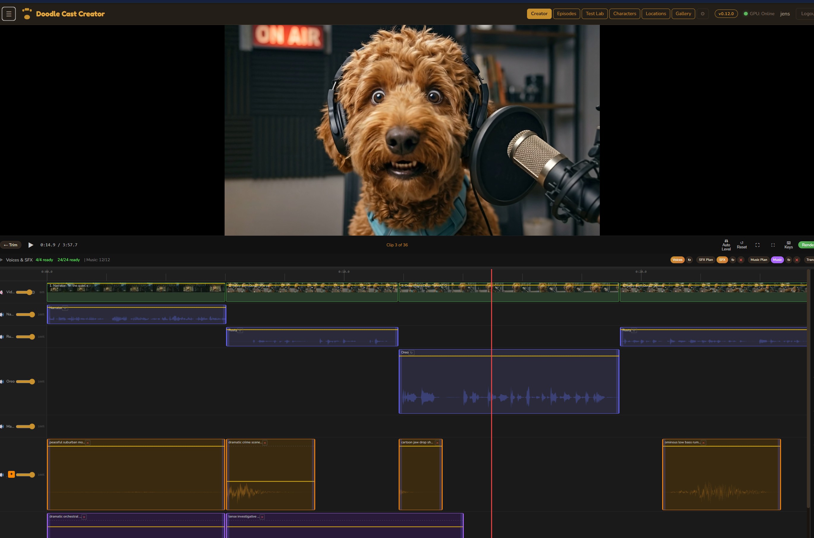 Multi-track audio editor with waveforms and keyframes