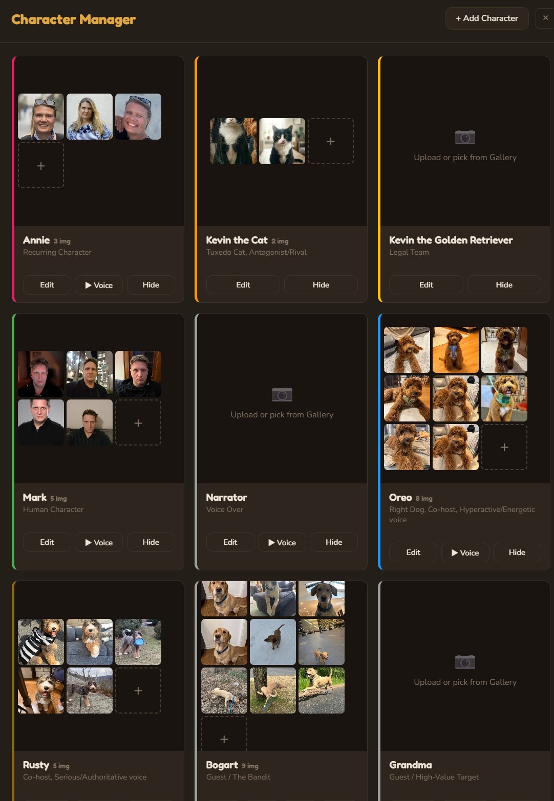 Character manager with reference images and voice profiles