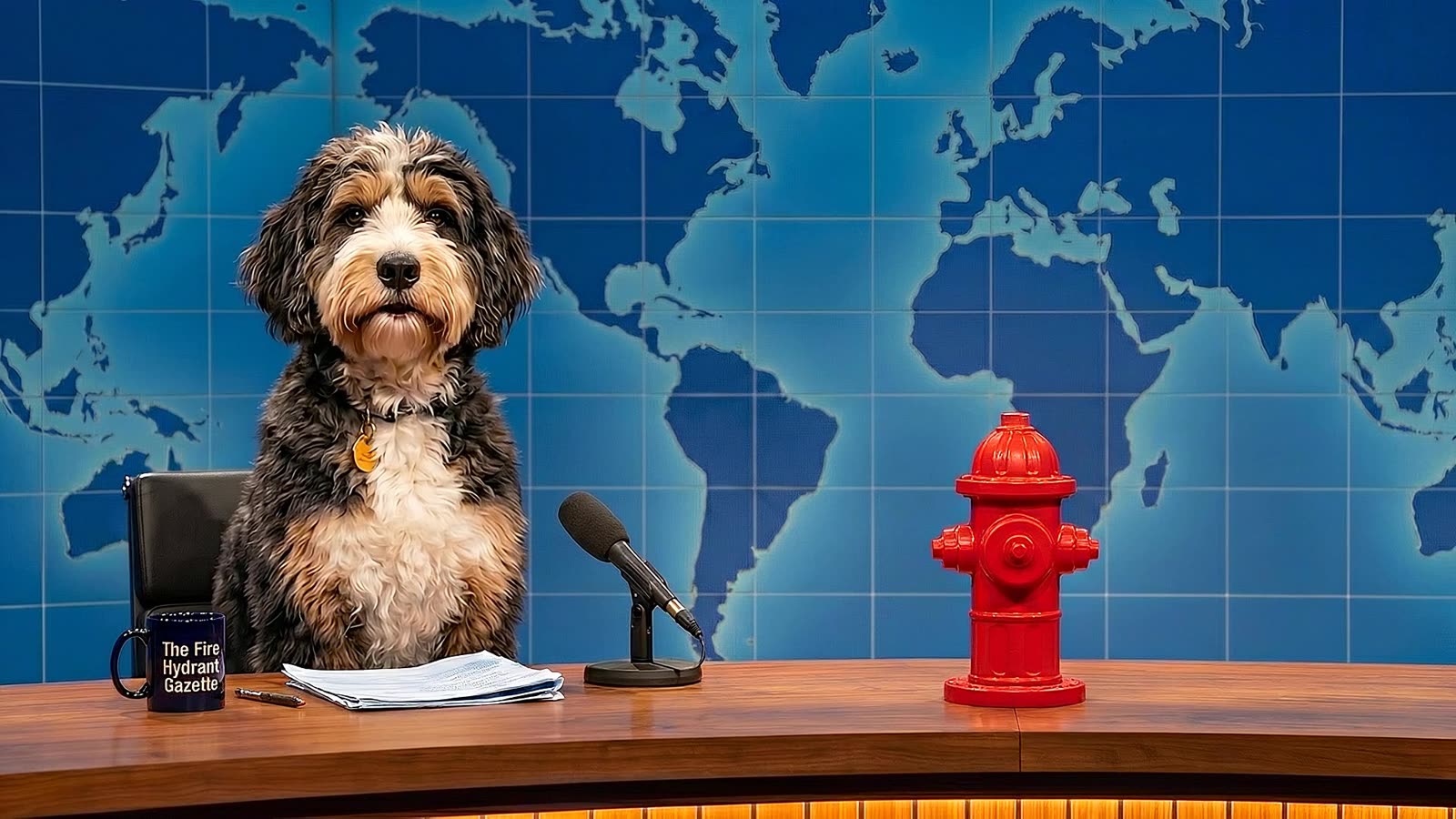 Fire Hydrant Gazette anchor solo shot — Rusty at the news desk with branded mug and fire-hydrant prop