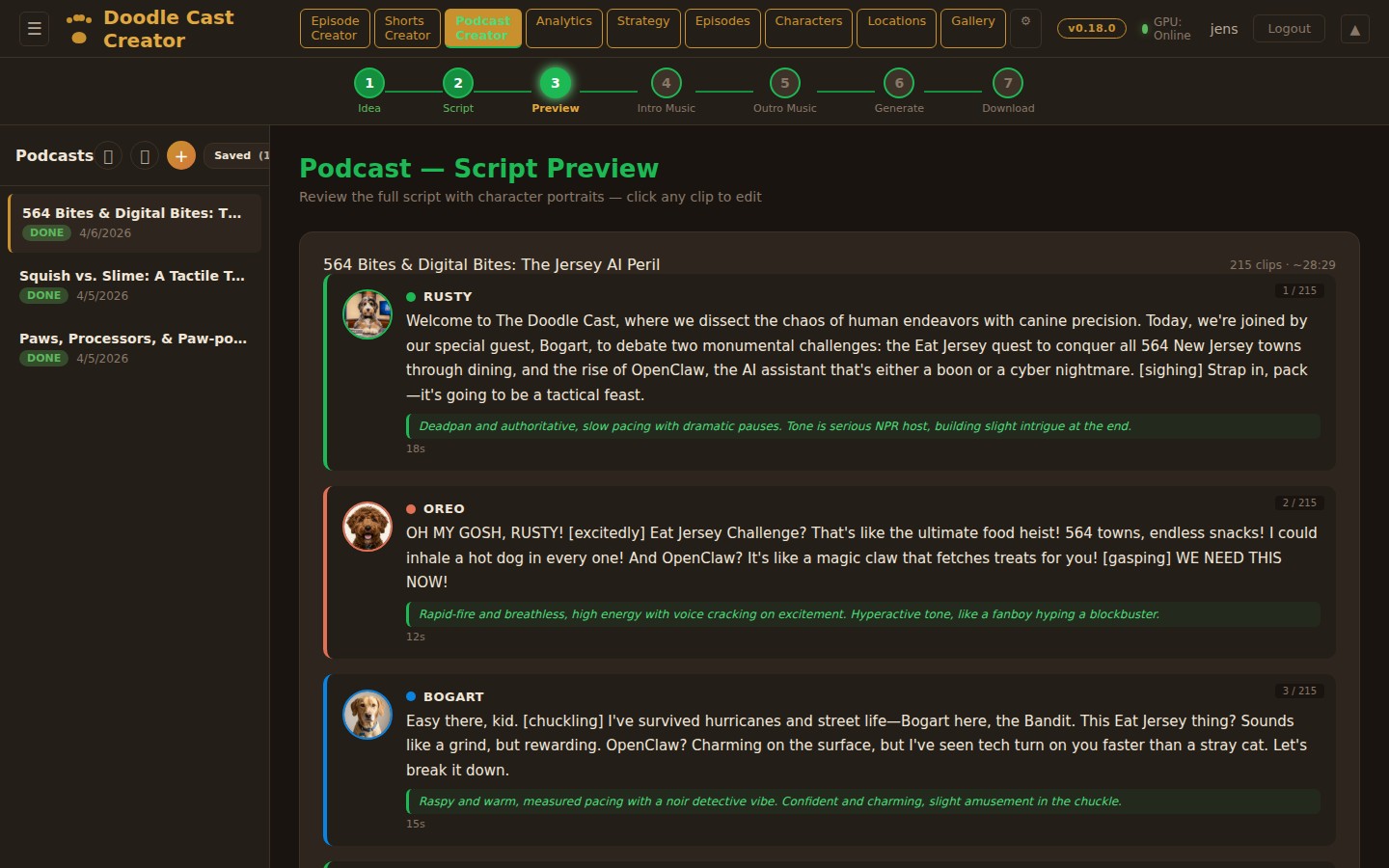 Podcast script preview with character avatars
