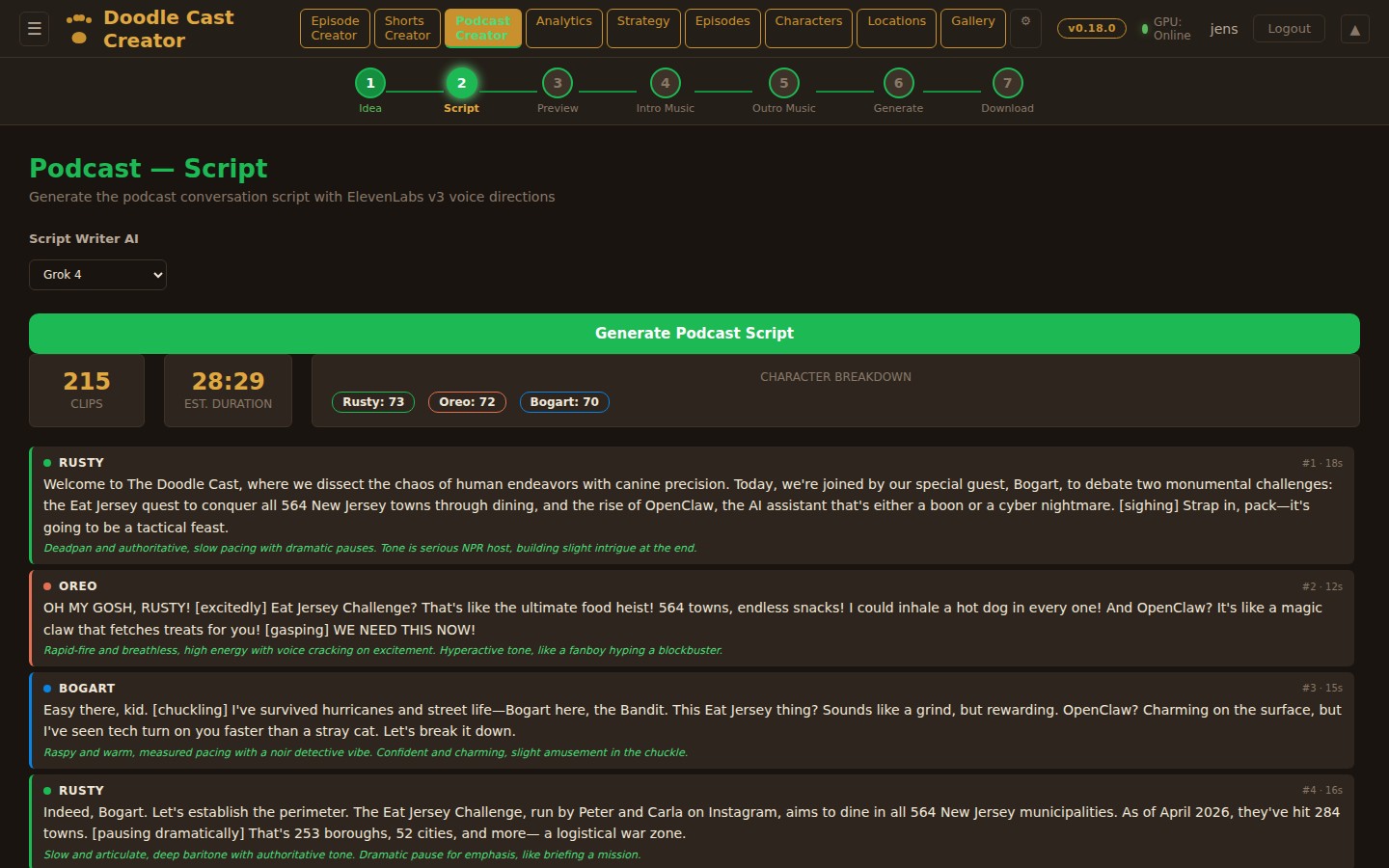 Podcast script with multi-character dialogue