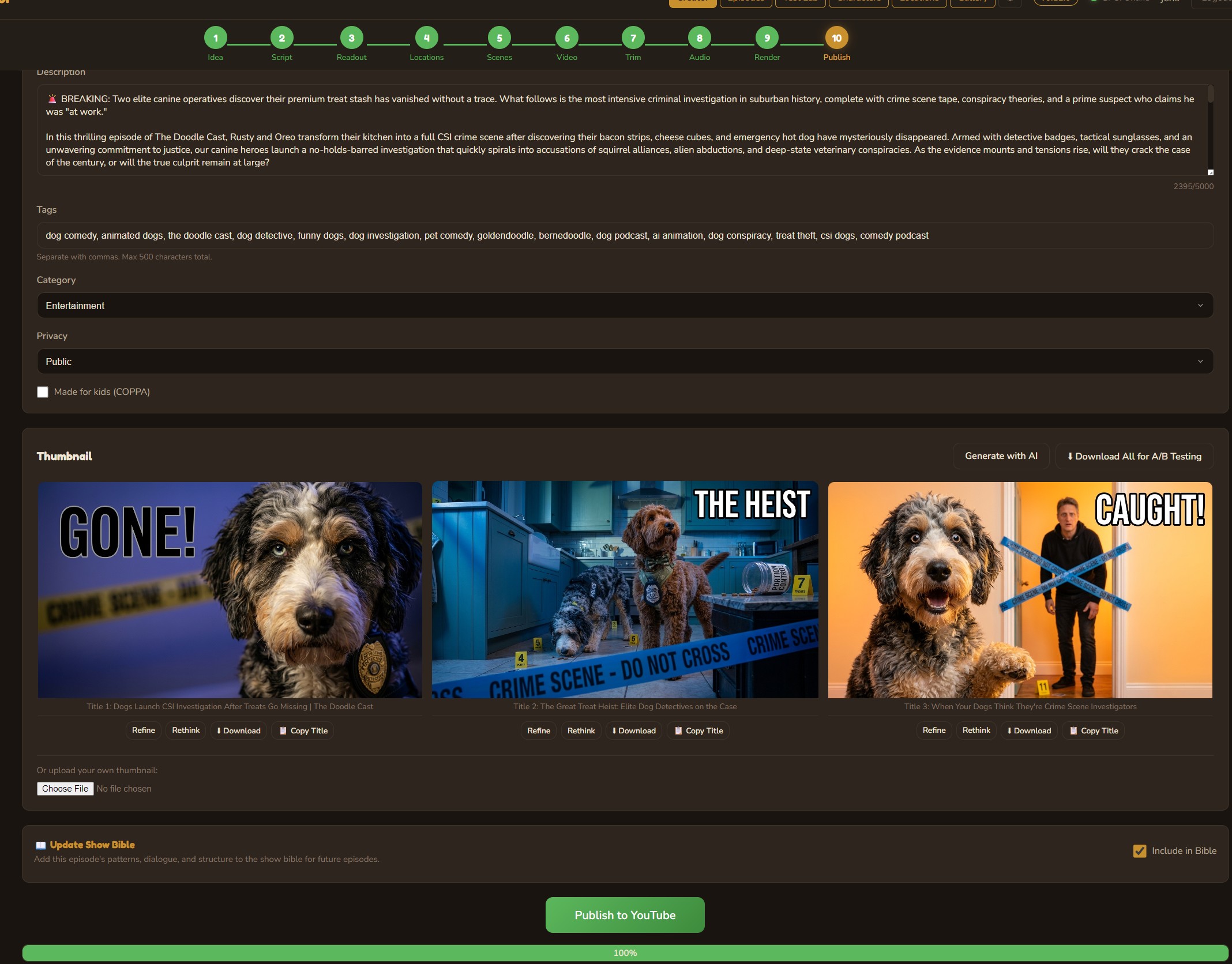 YouTube publish with AI thumbnails and A/B testing