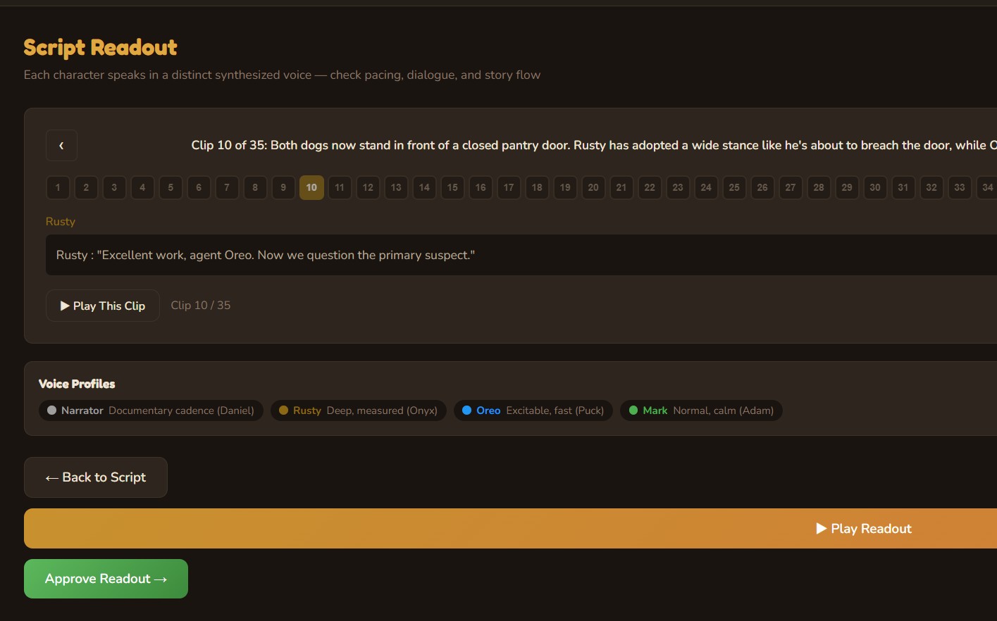 Script Readout with voice profiles and clip navigation