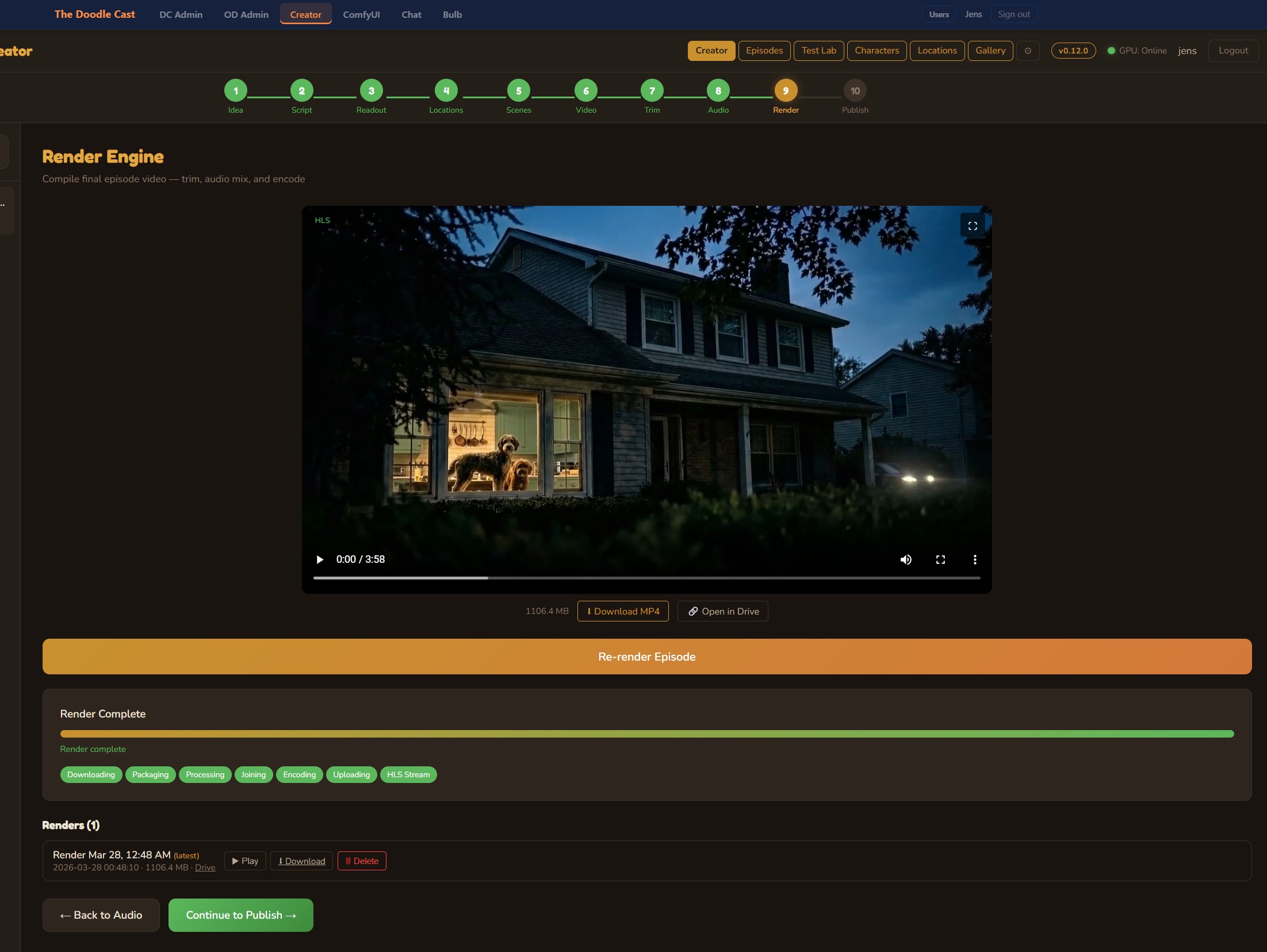 Render engine with progress tracking and video player