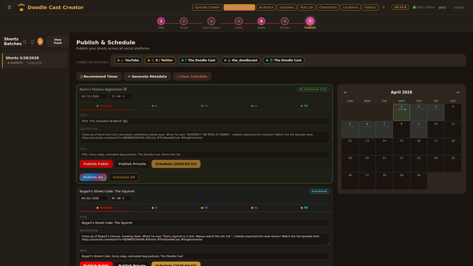 Shorts schedule calendar