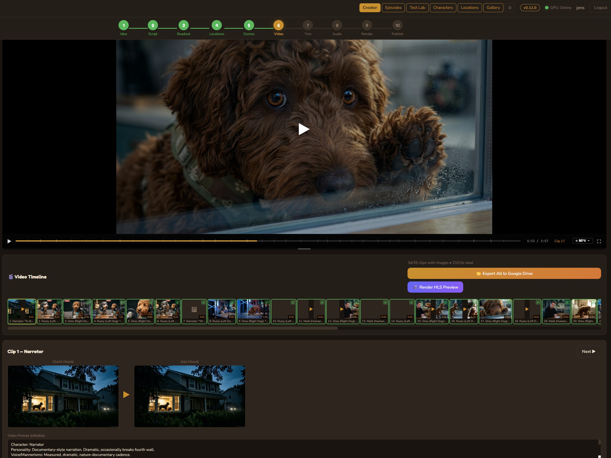 Video timeline with episode preview and clip generation