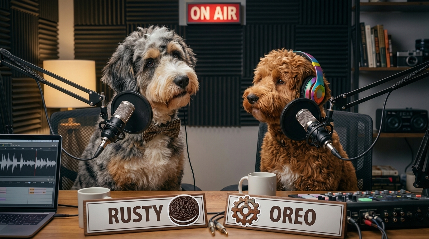 Rusty and Oreo — the hosts of TheDoodleCast