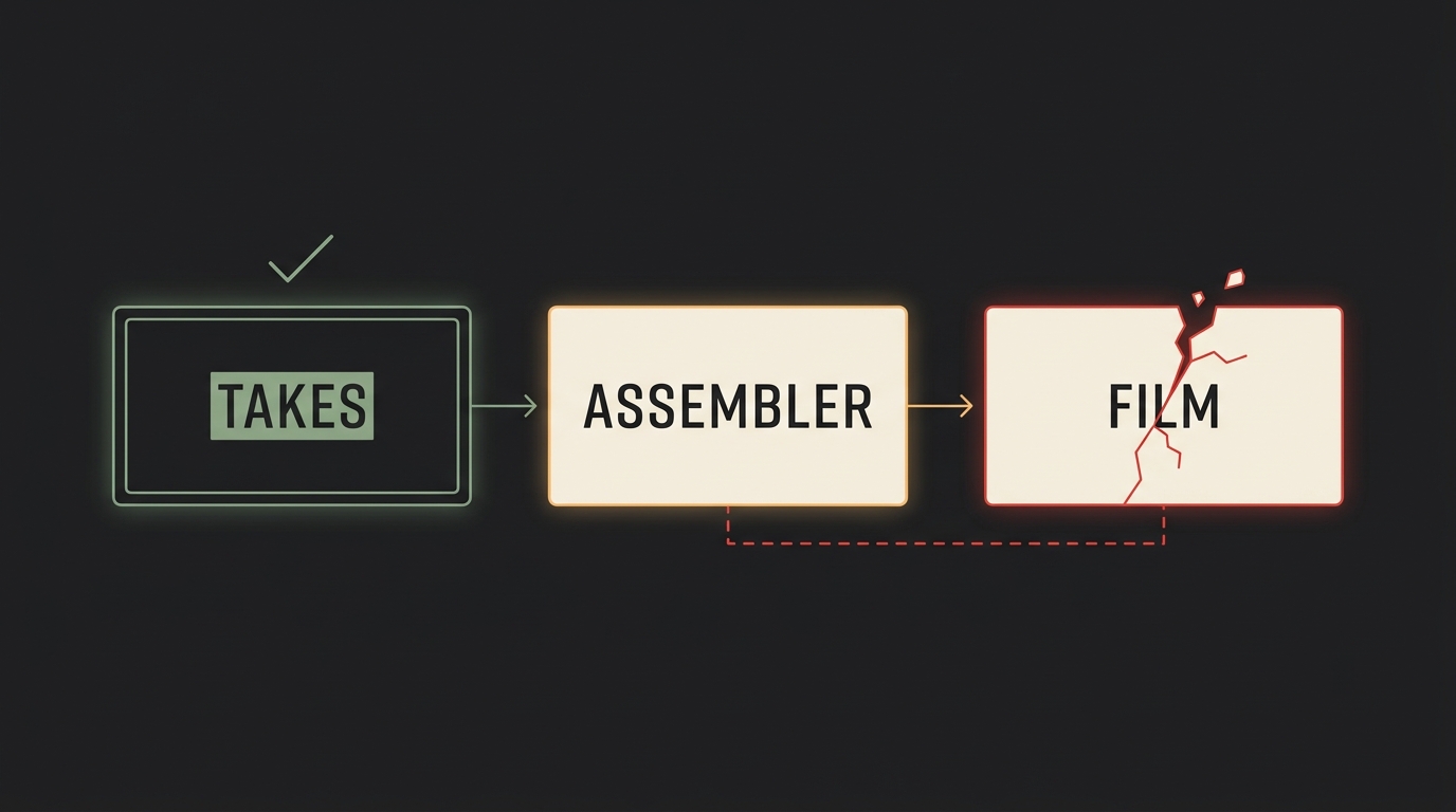 Three connected panels labelled TAKES, ASSEMBLER and FILM. The TAKES panel is outlined in green with a tick above it. The FILM panel is fractured by a red crack. A dashed red line joins the ASSEMBLER panel to the FILM panel.