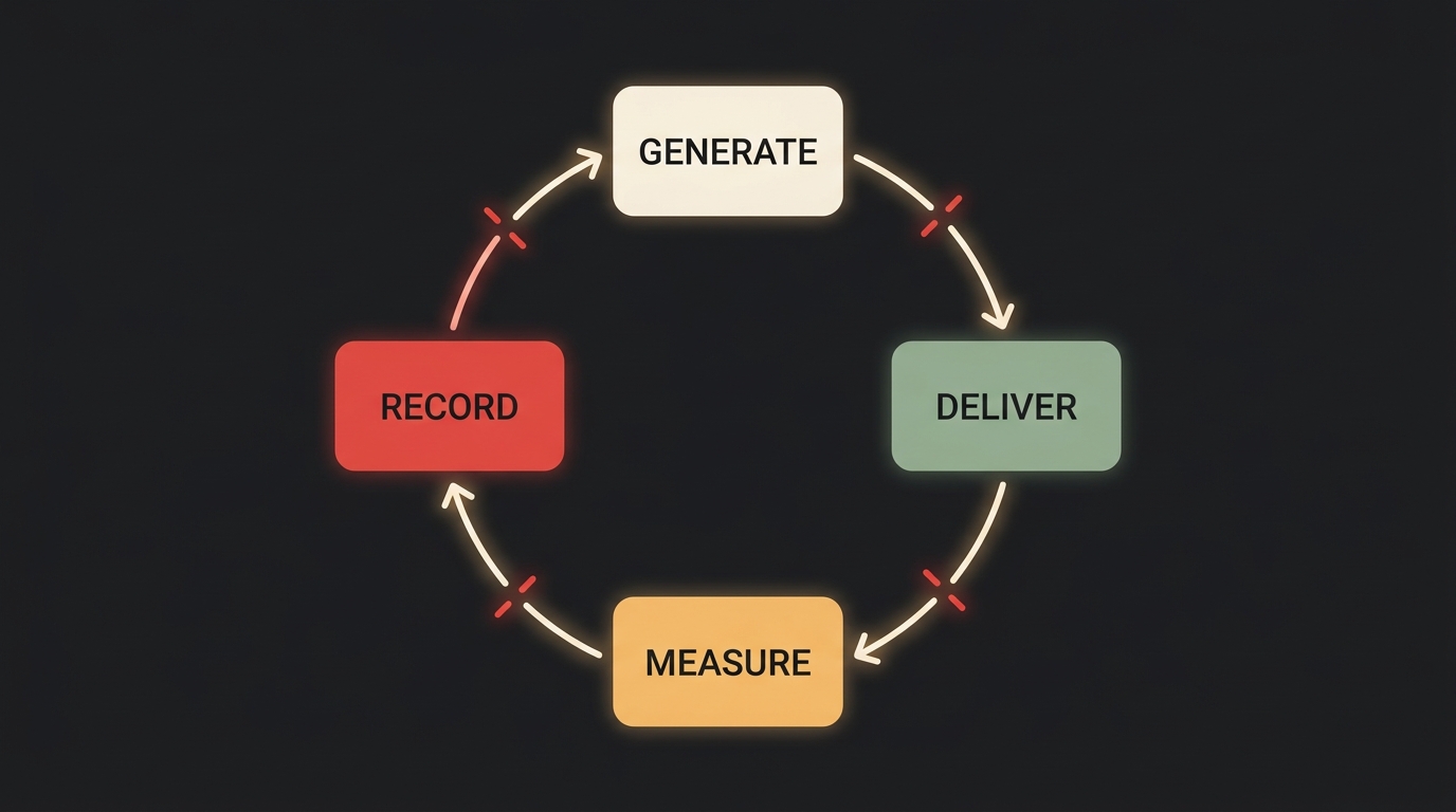 Four nodes labelled GENERATE, DELIVER, MEASURE and RECORD arranged in a ring and joined by arrows, with red break marks cutting the arrows between them.