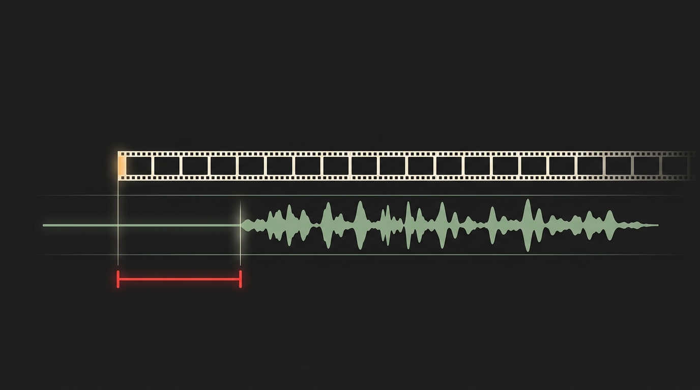 A strip of film frames above an audio waveform, the two visibly offset from each other. The waveform begins with a flat silent stretch, and the gap between where the sound file starts and where the speech starts is marked with a red measuring bracket.