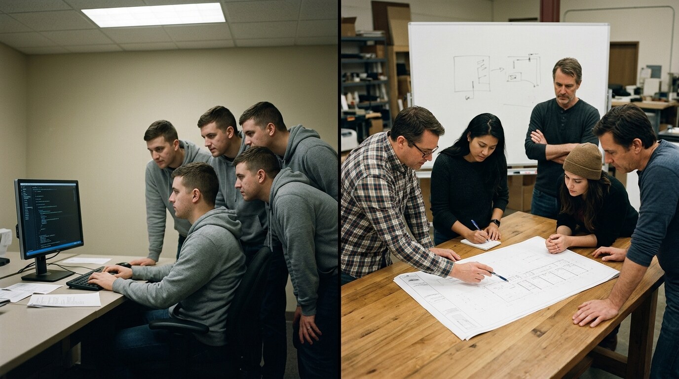 Left: five identical developers in grey hoodies staring at one screen. Right: a diverse team of specialists debating a shared plan