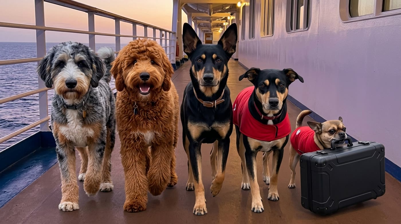 Five distinct dogs walking together up a cruise ship gangway, each rendered on-model