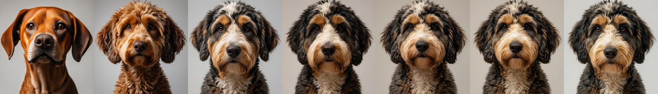Seven generated dog portraits in sequence, starting as a generic brown and white terrier and progressively becoming a specific black and tan dog with upright pointed ears and a red collar