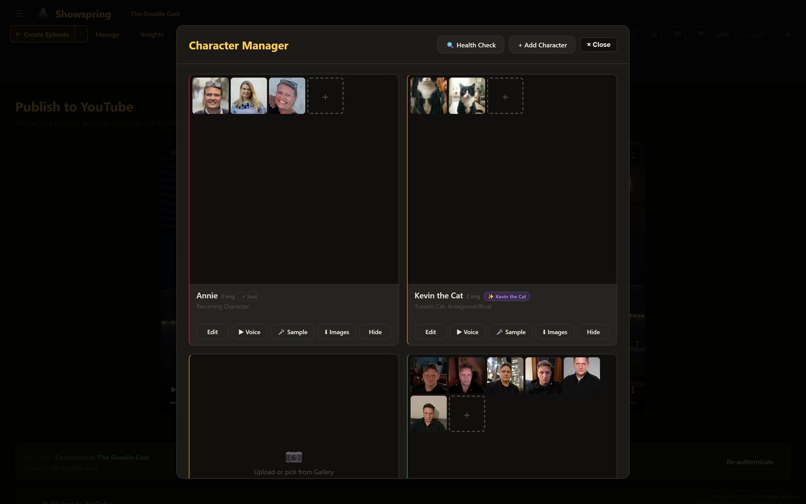 Showspring character manager with cast portraits, character definitions, voices, and reference images