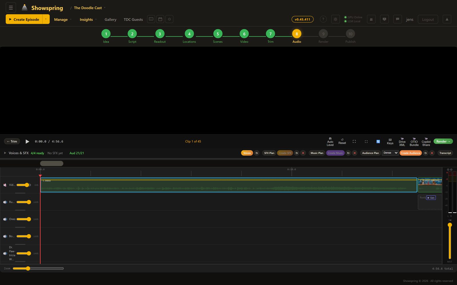 Audio editor with audience reactions and dialogue lanes