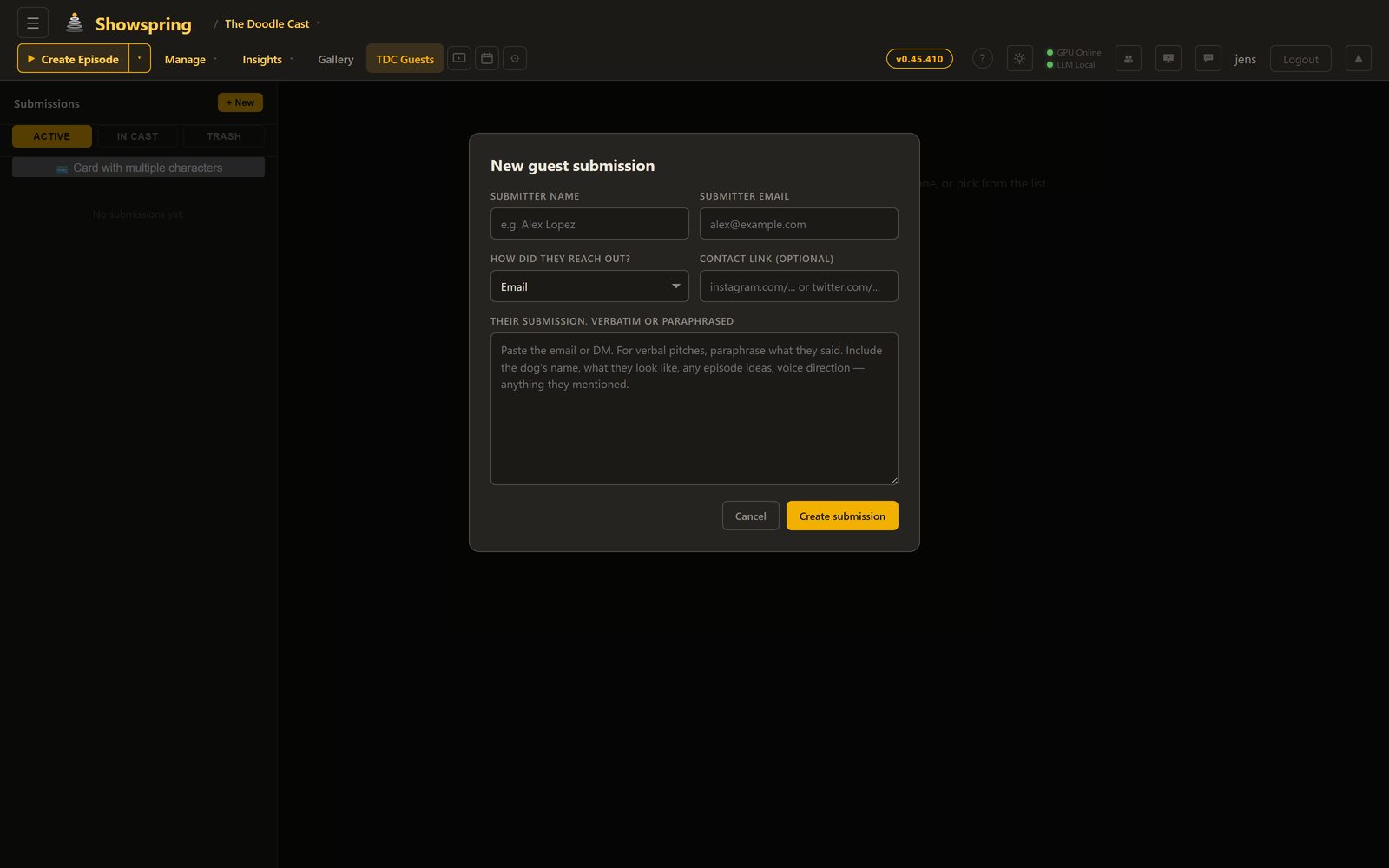 New guest submission form
