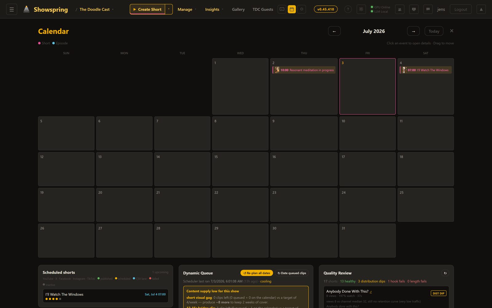 Shorts schedule calendar