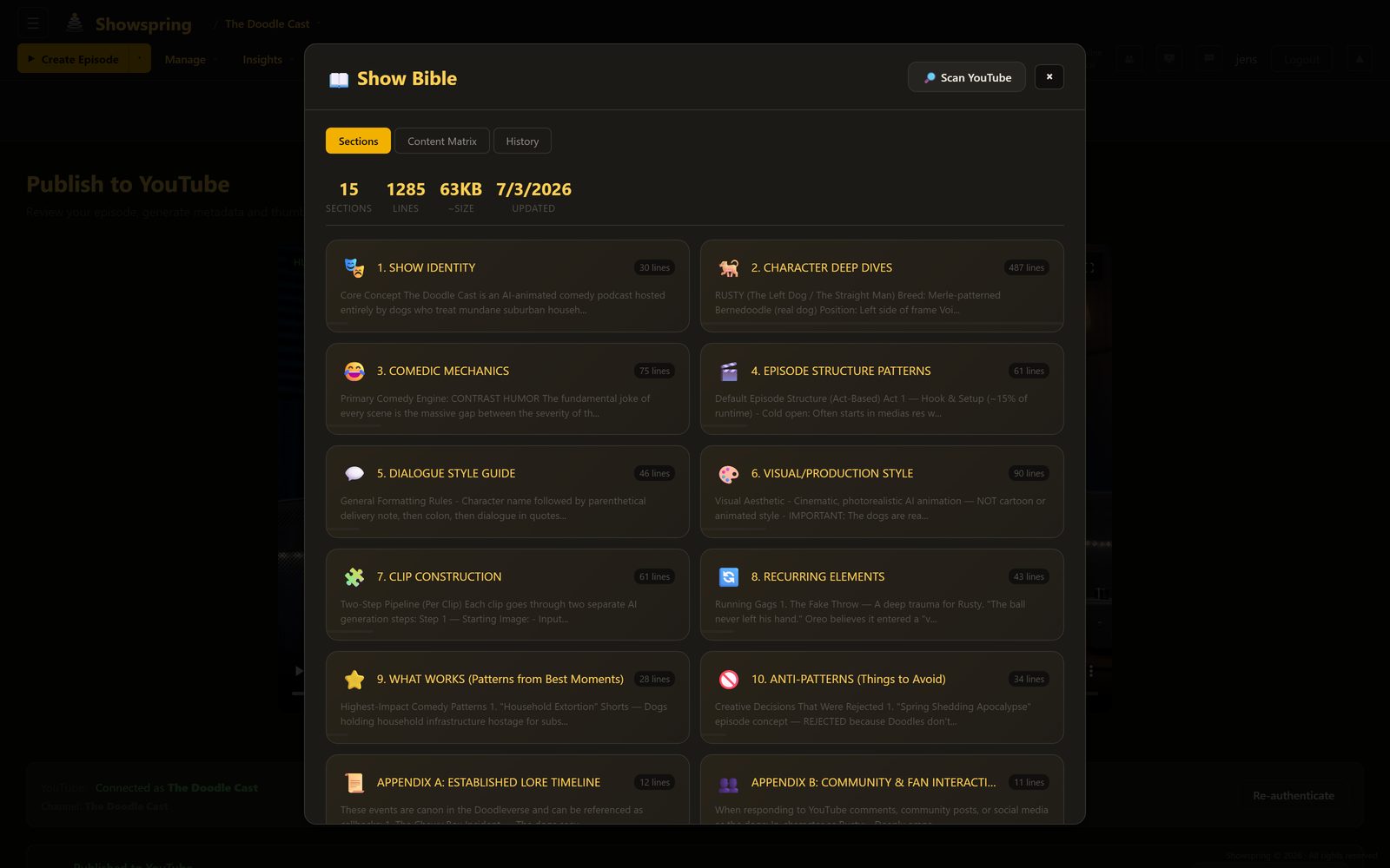Showspring Show Bible workspace with persistent premise, tone, world rules, and recurring format guidance