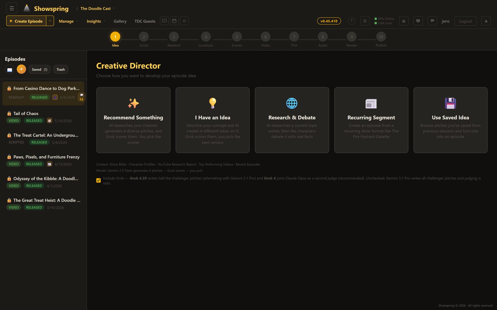 Showspring Idea step with competing episode pitches and creator selection controls