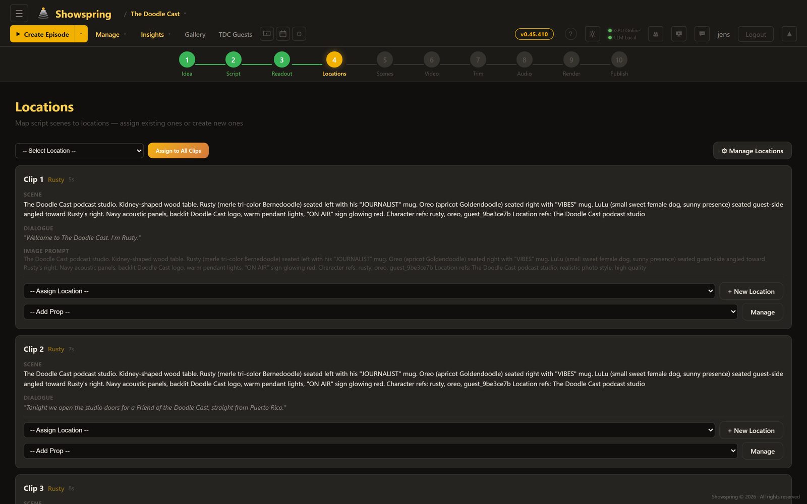 Showspring Locations step mapping script scenes to reusable location references