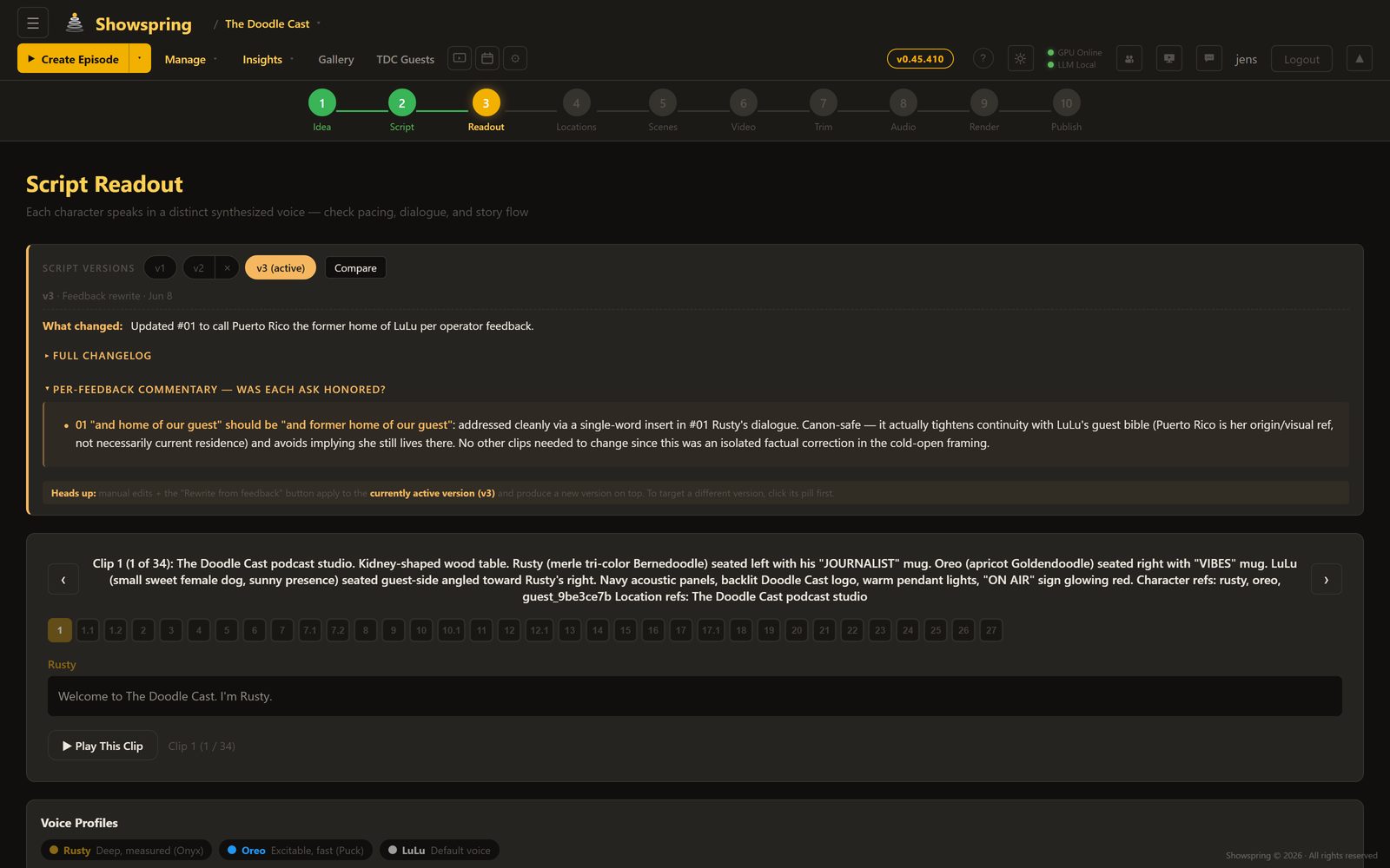 Script readout with voice profiles and clip navigation