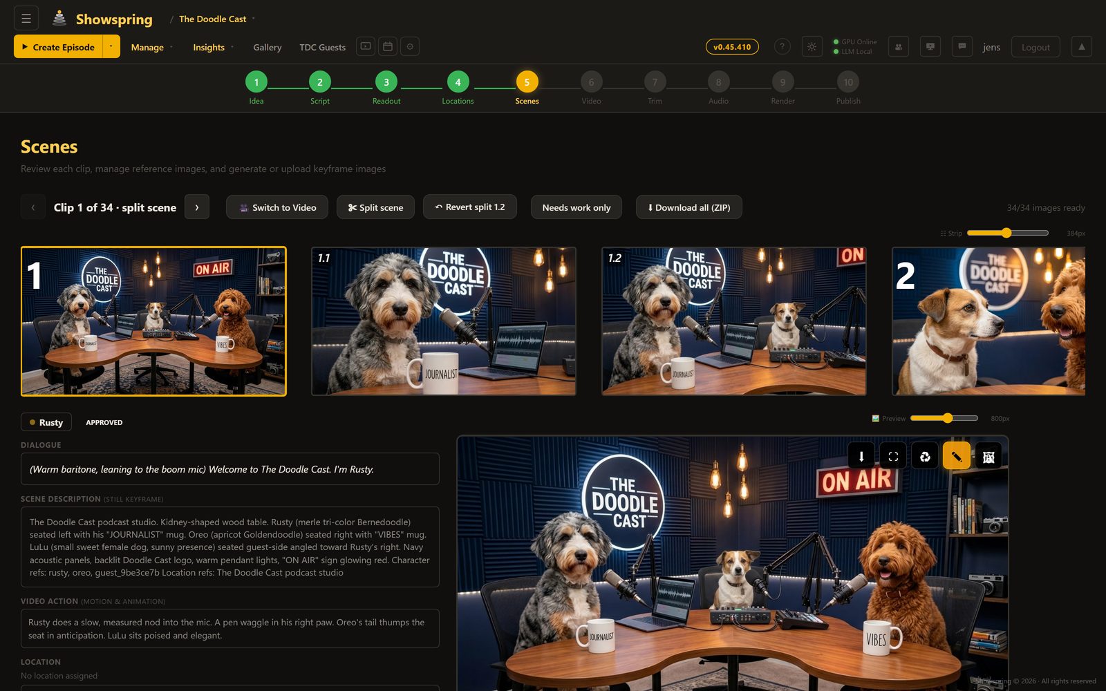 Showspring Scenes workspace showing a complete episode strip, approved scene images, dialogue, action, and a selected studio keyframe