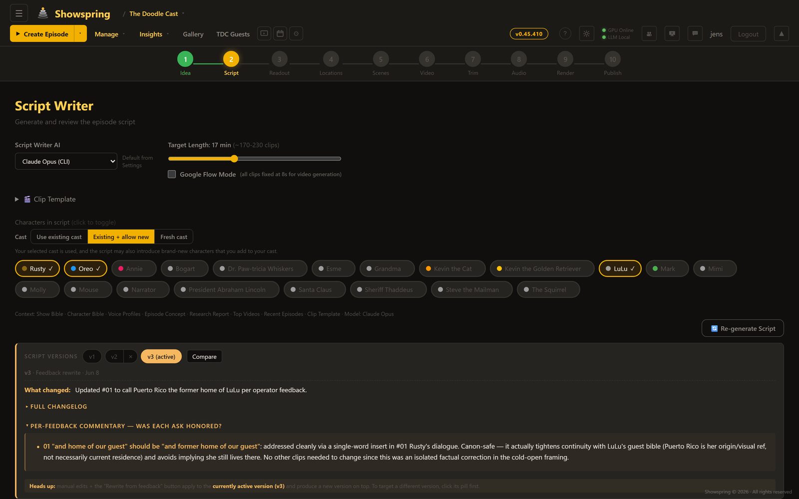 Showspring Script step with an episode draft, scene structure, model choice, and approval controls