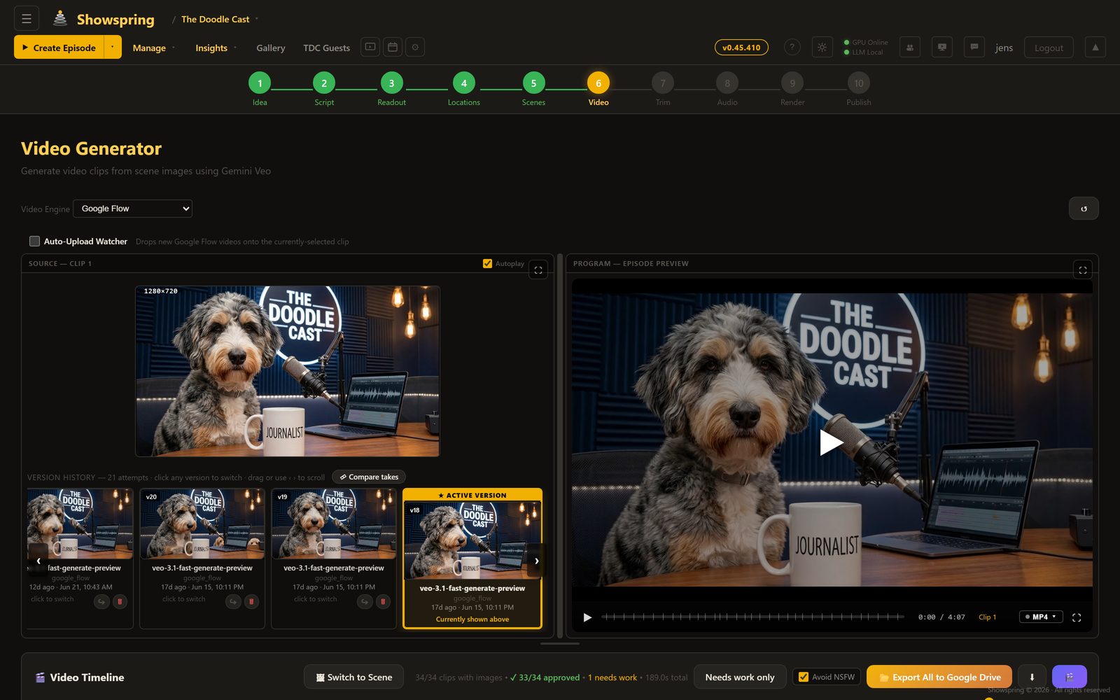 Showspring Video Generator with a selectable video engine, source frame, episode preview, and version history for generated takes
