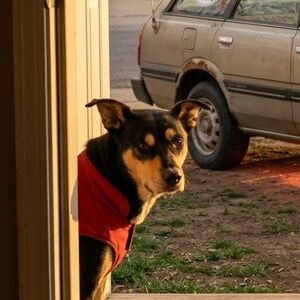 Nano Banana 2 render of the porch scene; the dog at the door is on-model black and tan.