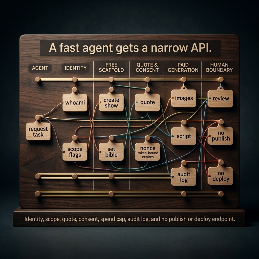 Showspring agent control plane diagram showing scoped identity, free scaffold tools, quote and consent gate, paid generation tools, and no publish or deploy boundary.