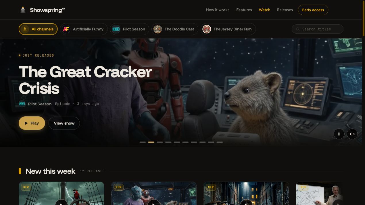 Showspring watch catalog with multiple AI-assisted shows and newly released episodes.