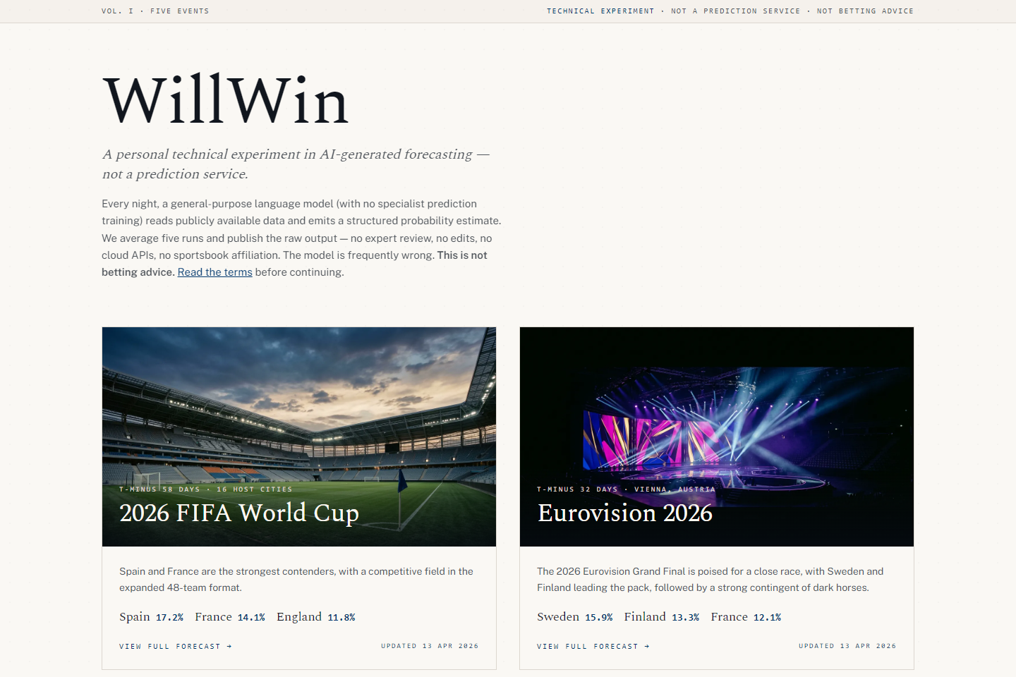 WillWin homepage — editorial layout with the WillWin logotype, tagline 'a personal technical experiment — not a prediction service', and a card linking to the 2026 FIFA World Cup forecast